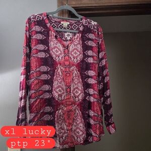 Lucky Brand Pink and Burgundy Paisley V-Neck Blouse